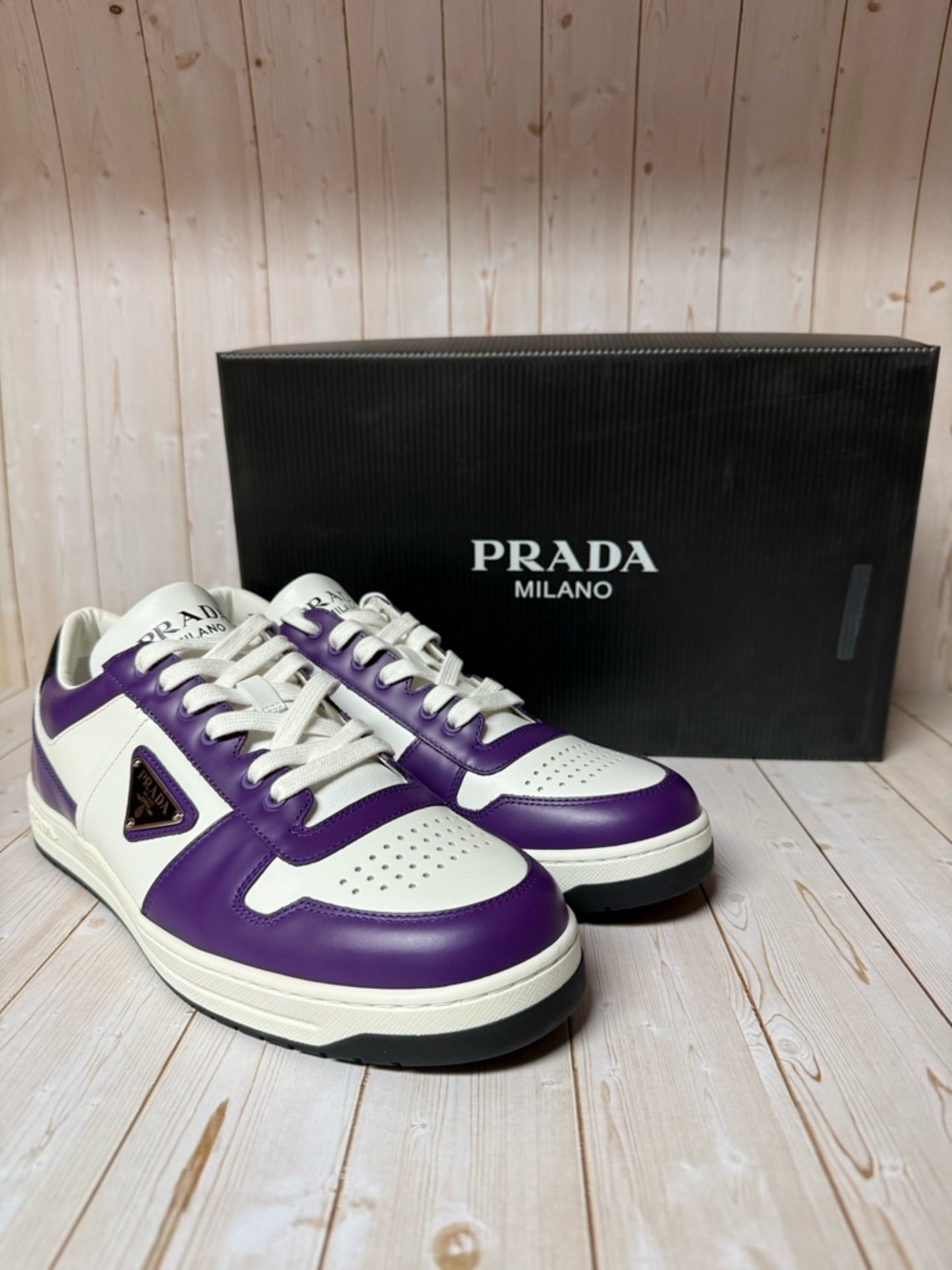 Prada Triangle Logo Leather Downtown Sneakers White-Purple Sz 8UK / 9US